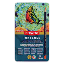 Derwent Inktense Pencils - Assorted Colors, Tin Box, Set of 12, front of tin