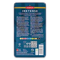 Derwent Inktense Pencils - Assorted Colors, Tin Box, Set of 12, back of tin
