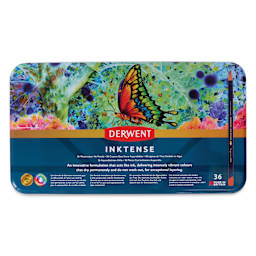 Derwent Inktense Pencil Set - Assorted Colors, Tin Box, Set of 36, front of tin