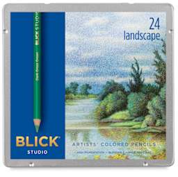 Blick Studio Artists' Colored Pencils - Landscape Colors, Set of 24. Front of closed tin box.