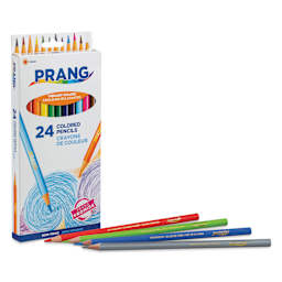 Prang Colored Pencils - Assorted Colors, Set of 24, three pencils in front of packaging