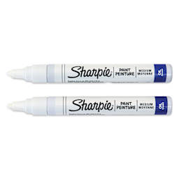 Sharpie Oil-Based Paint Marker - White, Medium Point, Pkg of 2, markers laid out with caps off