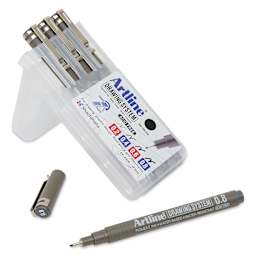 Artline Drawing Pens - Wallet Set of 4, Grey, packaging with pen