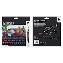 Blick Studio Double-Ended Alcohol Art Markers - Assorted Colors, Set of 12, front and back of packaging