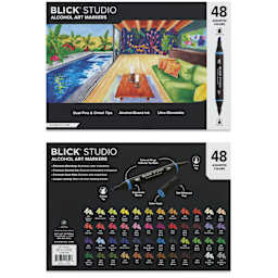 Blick Studio Double-Ended Alcohol Art Markers - Assorted Colors, Set of 48, front and back of packaging