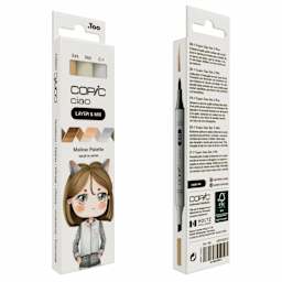 Copic Ciao Double Ended Markers - Layer & Mix Set of 3, Mellow Palette, front and back of packaging