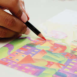 Derwent Academy Colored Pencil Set - Artist using pencils to color a town scene