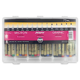 Sakura Pigma Micron, Brush and Graphic Markers - Set of 73, Assorted Colors, Assorted Sizes, front of packaging