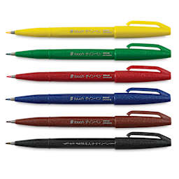 Pentel Arts Brush Tip Sign Pen - Set of 6 Primary Colors shown horizontally