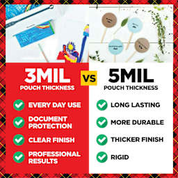 3 mil Pouch Thickness: every day use, document protection, clear finish. professional results VS. 5 mil Pouch Thickness: long lasting, more durable, thicker finish, rigid