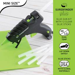 Glue gun kit with 12 clear glue sticks. High/Low dual temperature. Lay down safely. Glue sticks made in the USA with global materials.