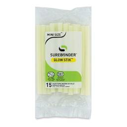 Surebonder All-Temp Mini Glow in the Dark Glue Sticks - Front of package of 15 Sticks

