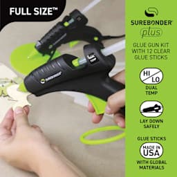 Glue gun kit with 12 clear glue sticks. High/Low dual temperature. Lay down safely. Glue sticks made in the USA with global materials.