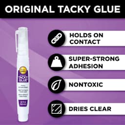Original tacky glue, holds on contact, super-strong adhesion, nontoxic, dried clear