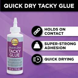 Quick dry tacky glue, holds on contact, super-strong adhesion, quick drying