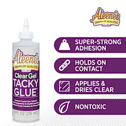 Super-strong adhesion, holds on contact, applies and dries clear, nontoxic.