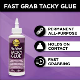 Fast grab tacky glue: permanent all-purpose, holds on contact, fast grabbing.