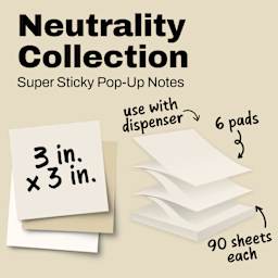 Post-It Super Sticky Pop-Up Notes - Pkg of 6, 3" x 3", Neutrality Collection, Blank, front of individual packaging