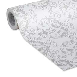 Duck EasyLiner Adhesive Laminate - Closeup of slightly unrolled removable Gray Damask pattern 