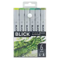 Blick Studio Brush Markers -  Green Colors, Set of 6. Front of package.