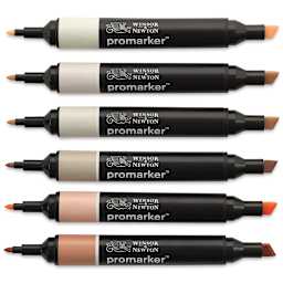 Winsor & Newton Promarker - Skin Tones 1, Set of 6, laid out with caps off