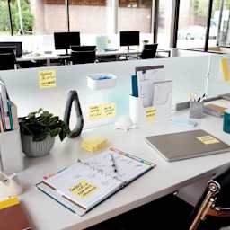 Post-it Recycled Super Sticky Notes - Canary Yellow, 3" x 3" - annotated and stuck on various desk supplies and surfaces