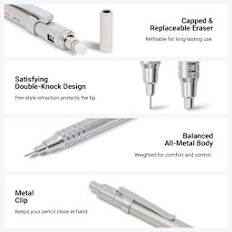 Capped and replaceable eraser. Refillable for long-lasting use. Satisfying double-knock design. Pen-style retraction protects the tip. Balanced all-metal body. Weighted for comfort and control. Metal clip. Keeps your pencil close at hand.