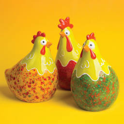 Mayco Lead-Free Jungle Gems Crystal Glazes and Sets - finished chicken statue examples