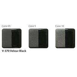 Amaco Lead-Free Velvet Underglaze - Velour Black cone 05, cone 5, and cone 10 comparison