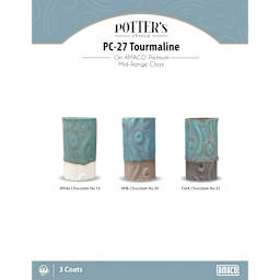 Tourmaline Amaco Potter's Choice Glaze - 3 coats applied to Applied to White Chocolate No. 16 clay; Milk Chocolate No. 30 clay; and Dark Chocolate No. 32 clay.