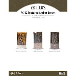Textured Amber Brown Amaco Potter's Choice Glaze - 3 coats applied to Applied to White Chocolate No. 16 clay; Milk Chocolate No. 30 clay; and Dark Chocolate No. 32 clay.