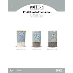 Frosted Turquoise Brown Amaco Potter's Choice Glaze - 3 coats applied to Applied to White Chocolate No. 16 clay; Milk Chocolate No. 30 clay; and Dark Chocolate No. 32 clay.