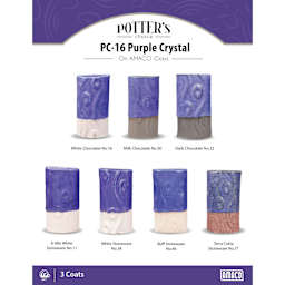 Purple Crystal Amaco Potter's Choice Glaze - 3 coats applied to Applied to White Chocolate, Milk Chocolate, Dark Chocolate, A-Mix White Stoneware, White Stoneware, Buff Stoneware, and Terra Cotta Stoneware clays.