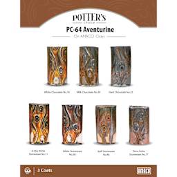 Aventurine Amaco Potter's Choice Glaze - 3 coats applied to Applied to White Chocolate, Milk Chocolate, Dark Chocolate, A-Mix White Stoneware, White Stoneware, Buff Stoneware, and Terra Cotta Stoneware clays.
