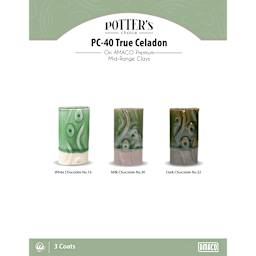 True Celadon Amaco Potter's Choice Glaze - 3 coats applied to Applied to White Chocolate No. 16 clay; Milk Chocolate No. 30 clay; and Dark Chocolate No. 32 clay.