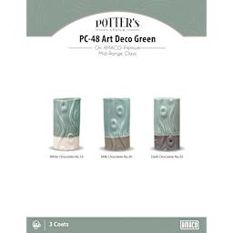 Art Deco Green Amaco Potter's Choice Glaze - 3 coats applied to Applied to White Chocolate No. 16 clay; Milk Chocolate No. 30 clay; and Dark Chocolate No. 32 clay.