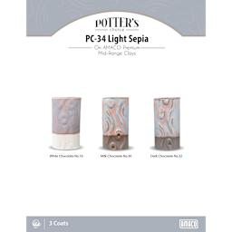 Light Sepia Amaco Potter's Choice Glaze - 3 coats applied to Applied to White Chocolate No. 16 clay; Milk Chocolate No. 30 clay; and Dark Chocolate No. 32 clay.