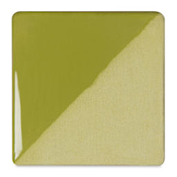 Speedball Ceramic Underglaze - Leaf Green, Opaque, fired on white clay bisque tiles, half covered in Speedball Clear Glaze, fired to cone 05