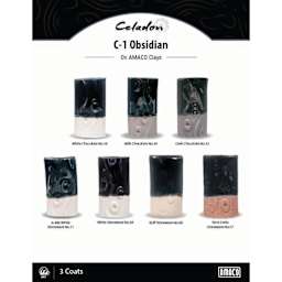 Celadon C-1 Obsidian On AMACO Clays. White Chocolate No. 16, Milk Chocolate No. 30, Dark Chocolate No. 32, A-Mix White Stoneware No. 11, White Stoneware No. 38, Buff Stoneware No. 46, Terra Cotta Stoneware No. 77, 3 Coats.