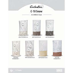 Celadon C-10 Snow On AMACO Clays. White Chocolate No. 16, Milk Chocolate No. 30, Dark Chocolate No. 32, A-Mix White Stoneware No. 11, White Stoneware No. 38, Buff Stoneware No. 46, Terra Cotta Stoneware No. 77, 3 Coats.