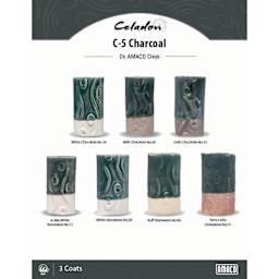 Celadon C-5 Charcoal On AMACO Clays. White Chocolate No. 16, Milk Chocolate No. 30, Dark Chocolate No. 32, A-Mix White Stoneware No. 11, White Stoneware No. 38, Buff Stoneware No. 46, Terra Cotta Stoneware No. 77, 3 Coats.