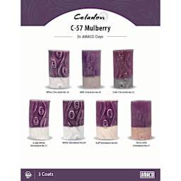 Celadon C-57 Mulberry On AMACO Clays. White Chocolate No. 16, Milk Chocolate No. 30, Dark Chocolate No. 32, A-Mix White Stoneware No. 11, White Stoneware No. 38, Buff Stoneware No. 46, Terra Cotta Stoneware No. 77, 3 Coats.