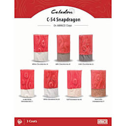 Celadon C-14 Snapdragon On AMACO Clays. White Chocolate No. 16, Milk Chocolate No. 30, Dark Chocolate No. 32, A-Mix White Stoneware No. 11, White Stoneware No. 38, Buff Stoneware No. 46, Terra Cotta Stoneware No. 77, 3 Coats.