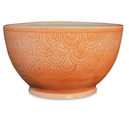 Amaco Celadon Glazes - Tangelo applied to patterned bowl