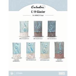 Celadon C-19 Glacier On AMACO Clays. White Chocolate No. 16, Milk Chocolate No. 30, Dark Chocolate No. 32, A-Mix White Stoneware No. 11, White Stoneware No. 38, Buff Stoneware No. 46, Terra Cotta Stoneware No. 77, 3 Coats.