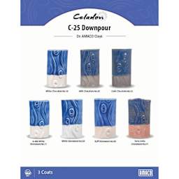 Celadon C-25 Downpour On AMACO Clays. White Chocolate No. 16, Milk Chocolate No. 30, Dark Chocolate No. 32, A-Mix White Stoneware No. 11, White Stoneware No. 38, Buff Stoneware No. 46, Terra Cotta Stoneware No. 77, 3 Coats.