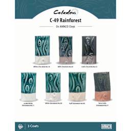 Celadon C-49 Rainforest On AMACO Clays. White Chocolate No. 16, Milk Chocolate No. 30, Dark Chocolate No. 32, A-Mix White Stoneware No. 11, White Stoneware No. 38, Buff Stoneware No. 46, Terra Cotta Stoneware No. 77, 3 Coats.