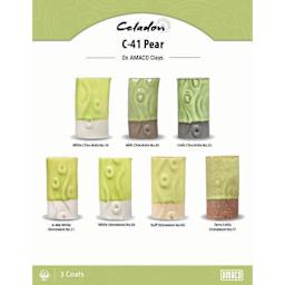 Celadon C-41 Pear On AMACO Clays. White Chocolate No. 16, Milk Chocolate No. 30, Dark Chocolate No. 32, A-Mix White Stoneware No. 11, White Stoneware No. 38, Buff Stoneware No. 46, Terra Cotta Stoneware No. 77, 3 Coats.