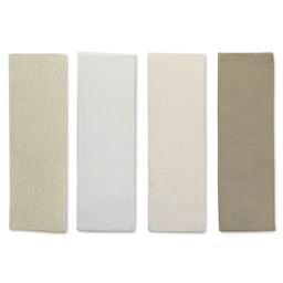 Standard Clay Company 105 White Clay With Grog sample tiles left to right - fired clay with clear glaze; fired clay with white glaze; bisque fired clay; unfired clay