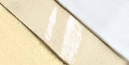 Standard Clay Company 553 Warm Buff Stoneware Clay shown with Bisque, Clear Glaze, and White Glaze